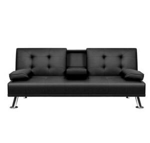 Black 66 in. Faux Leather Upholstered Convertible Folding Futon Sofa Bed 2 Cupholders 