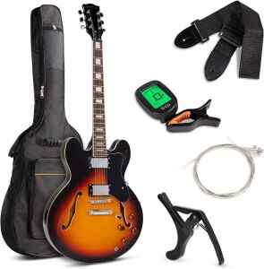 Semi-Hollow Body Electric Guitar Set w/Dual Humbucker Pickups, 3-Way Pickup Selector, Case, Electronic Tuner, Capo, Strap, Picks, Cutaway Design - Sunburst 