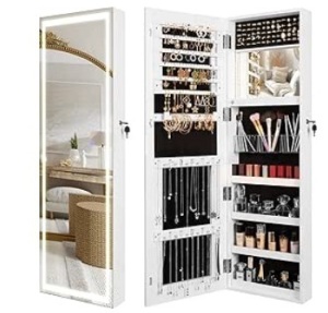 Becko US 47.2" Jewelry Armoire with Mirror & Light Inside and Out, Jewelry Organizer Jewelry Cabinet with Full-Length Mirror & Lockable Keys, Wall/Door Mounted (White)