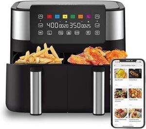 JOYAMI 8 QT Dual Basket AirFryer with Sync-Finish, Nonstick and Dishwasher Safe, 6-in-1, 1800W