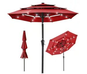 3-Tier Solar Patio Umbrella w/ LED Lights, Tilt Adjustment, Crank - 10ft