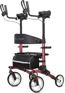 ELENKER Upright Rollator Walker, Stand Up Rolling Walker, Mobility Walking Aid with 10” Front Wheels, Seat and Armrest for Seniors and Adults, Red