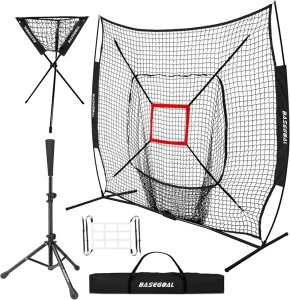 BaseGoal 7'×7' Baseball Softball Practice Net,Baseball Backstop,with Batting Tee,Ball Caddy,for Hitting Pitching Batting Catching with Bow Frame,Bonus Strike Zone,Portable and Foldable