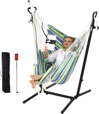 Hammock Chair with Stand Double Hammock Chair Bohemian Style with Tassel Mobile Phone Support Manual Adjustable Swing Indoor and Outdoor Garden Porch with Floor mat Reclining Capacity 400 pounds