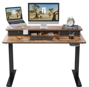 Adjustable Electric Standing Desk with Double Drawer, Stand Up Desk with Storage Shelf, Sit Stand Desk, Rustic Brown