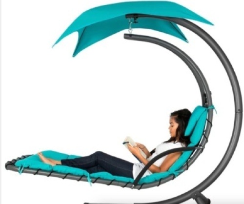 Hanging Curved Chaise Lounge Chair w/ Built-In Pillow, Removable Canopy