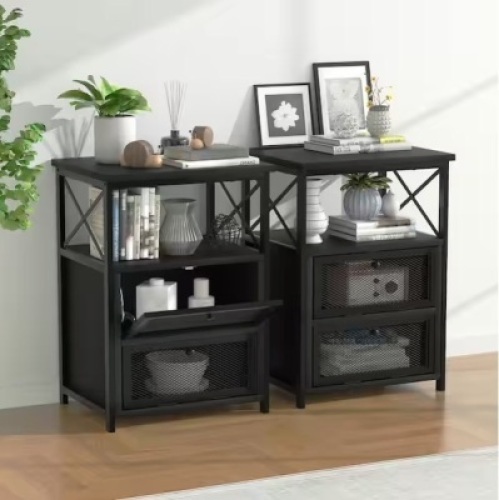 2-Pieces Black NightStand & End Side Table w/ Storage Space & Door NightStand w/ Flip Drawers 15.7in.x 13.8in.x 23.8in.