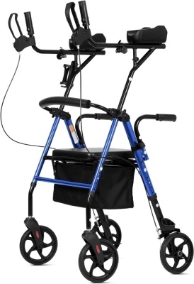 ELENKER Upright Walker, Stand Up Rollator Walker with Padded Seat and Backrest, Lightweight, Compact Folding, Fully Adjustment Frame for Seniors, Blue