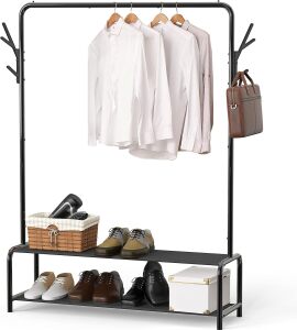 Simple Houseware Garment Rack with Storage Shelves and Coat/Hat Hanging Hooks