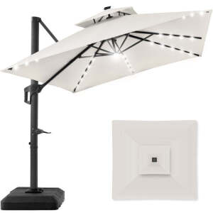 2-Tier Square LED Cantilever Offset Umbrella w/ 360 Rotation, Base - 10x10ft