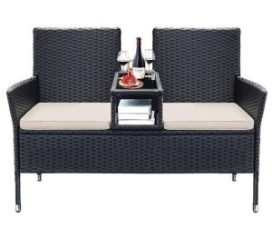 Modern Black 2-Person Rattan Wicker Patio Outdoor Loveseat with Beige Cushions 