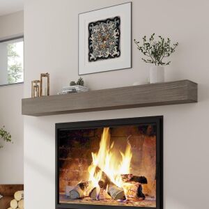 60 Inch Floating Wood Fireplace Mantel, Grey - Small Dent on Bottom Side