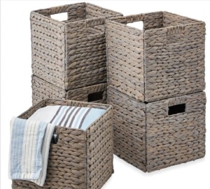 Set of 5 Collapsible Hyacinth Storage Baskets w/ Inserts - 13x13in