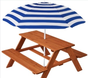 Kids Wooden Outdoor Picnic Table w/ Adjustable Umbrella, Built-In Seats