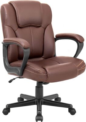 Executive Office Chair Swivel Task Seat with Ergonomic Mid-Back, Waist Support, PU Leather, 18D x 19W x 41H in, Brown