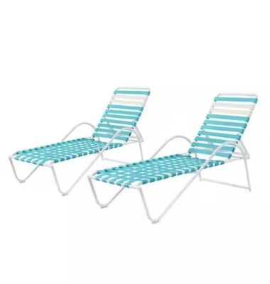 Hampton Bay Melrose Park Blue Adjustable Outdoor Strap Chaise Lounge with Aluminum Frame, 2 Pack  