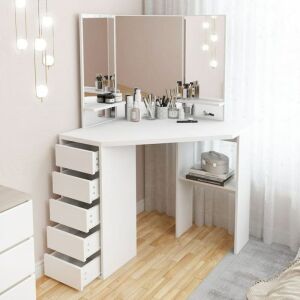 Hironpal Corner Vanity with 5 Storage Drawers and Mirrors