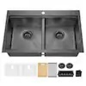 33 in. Drop-In Double Bowl 18 Gauge Gunmetal Black Stainless Steel Workstation Kitchen Sink 