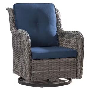 Wicker Outdoor Patio Swivel Rocking Chair with Blue Cushions