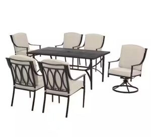 Hampton Bay Tully Park 7-Piece Metal Rectangle Outdoor Dining Set with CushionGuard Putty Tan Cushions 