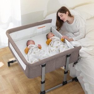 Ihoming Twin Bassinets for Baby, Double Bassinet Bedside Sleeper for Twins, Double Bassinets Sleeper for 2 Babies, Infant Co Sleeper Bedside Crib Attaches to Bed, Khaki 