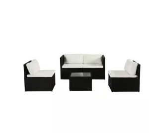 Black Wicker Patio Conversation Outdoor Seating Group with White Cushions 