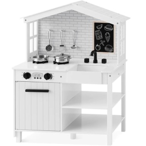 Kids Farmhouse Play Kitchen w/ Chalkboard, Storage Shelves, 5 Accessories  23"(L) x 13"(W) x 35.5"(H)