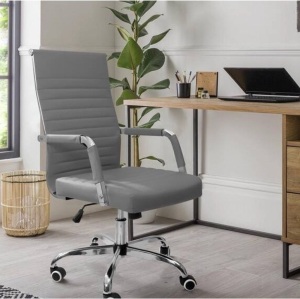 LACOOGray Ribbed Office Mid-Back PU Leather Executive Task Chair with Arms