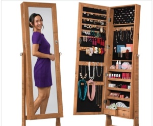 Full Length Freestanding Jewelry Mirror Armoire w/ Velvet Interior