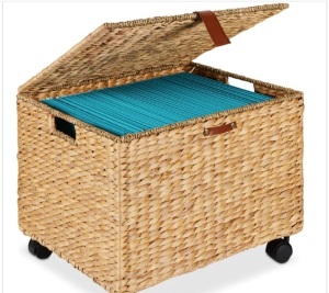 Mobile Water Hyacinth Rolling Filing Cabinet Storage Basket w/ Lid, Wheels