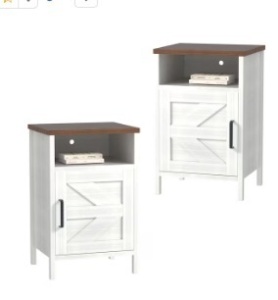 Vineego Contemporary White Wood Nightstand with Barn Door Design, 2 Shelves, and Durable Construction 