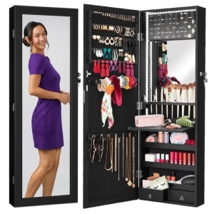 Door/Wall Mount Mirror Jewelry Cabinet Armoire w/ Inside Mirror, LED Lights 14.5"(L) x 4.5"(W) x 42.5"(H)