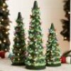 Set of 3 Pre-Lit Hand-Painted Ceramic Tabletop Christmas Trees w/ Multicolor Lights