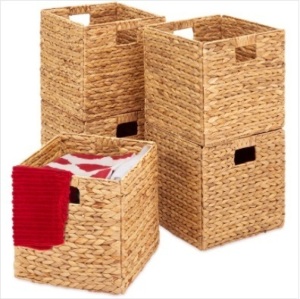 Set of 5 Collapsible Hyacinth Storage Baskets w/ Inserts - 13x13in