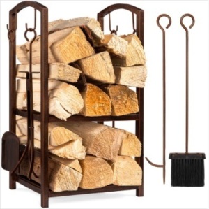 5-Piece Firewood Log Rack Holder Tools Set w/ Hook, Broom, Shovel, Tongs