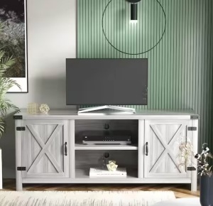 58 in. Farmhouse Gray Wash TV Stand Fits TV's up to 65 in. with Cabinets and Adjustable Shelves