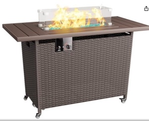 Greesum 43 Inch Outdoor Gas Fire Pit Table, 50,000 BTU Steel Propane Firepit with Wind Guard and Blue Glass Rock, Add Warmth and Ambience to Parties On Patio Garden Backyard, Brown