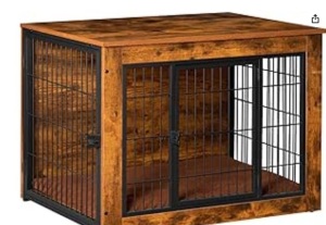 Dog Crate Furniture with Thick Cushion, Side End Table Wooden Cage Double Doors, Chew-Resistant Kennel House Indoor for Small to Large Dog, M, Rustic Brown