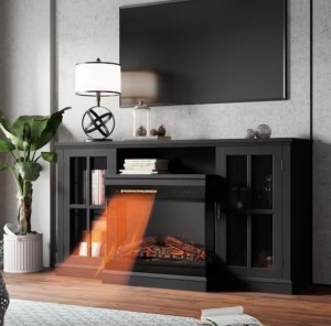 59 in. Deluxe Black TV Stand with 5,000 BTU Electric Fireplace and Glass Cabinets, Room Center Fits TV's up to 65 in.