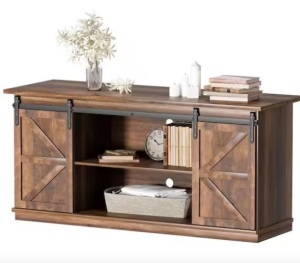 58 in. Rustic Oak Composite TV Stand Living Room Hub Fits TV's up to 65 in. w/ Sliding Barn Door and Adjustable Cabinets