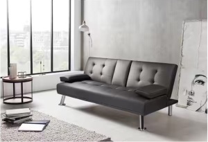 Black 66 in. Faux Leather Upholstered Convertible Folding Futon Sofa Bed 2 Cupholders