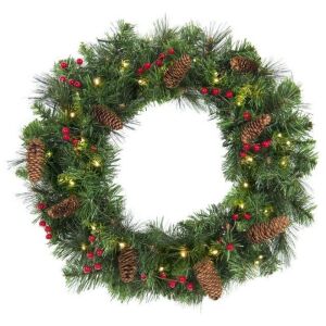 24in Pre-Lit Spruce Christmas Wreath w/ 50 LED Lights, Silver Bristles, Pine Cones, Berries