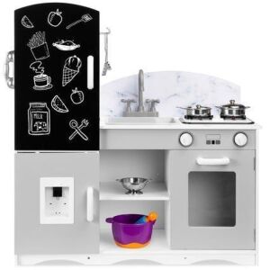 Wooden Pretend Play Kitchen Toy Set for Kids w/ Chalkboard, Marble Backdrop, 7 Accessories