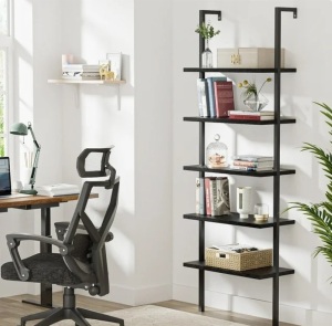 Industrial Ladder Shelf, 5-Tier Wood Wall-Mounted Bookcase 