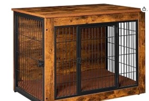 Dog Crate Furniture with Thick Cushion, Side End Table Wooden Dog Cage with Double Doors, Chew-Resistant Dog Kennel Dog House Indoor for Small to Large Dog