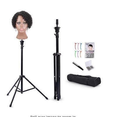 Klvied Reinforced Wig Stand Tripod Mannequin Head Stand, Adjustable Holder for Cosmetology Hairdressing Training with T-with Caps, T-Pins, Comb, Hair Clip, Carrying Bag