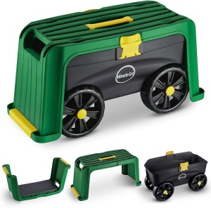 Miracle-Gro 4-in-1 Garden Stool – Multi-Use Garden Scooter with Seat – Rolling Cart with Storage Bin– Padded Kneeler and Tool storage - Accessible Gardening for All Ages 