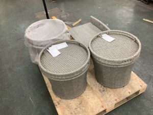 Lot of (3) Wicker Side Tables w/ Storage & (1) Foot Stool 