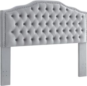 24KF Upholstered Button Tufted Headboard with Nailhead Trim, Soft Velvet Fabric, King 