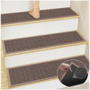 GOYLSER Rubber Stair Treads for Wooden Steps with Rubber Backed, 7Pack Jute Stair Cover Pads Non Slip, Machine Washing Stair Carpet Mat, Light Brown Stair Rugs Stairway Treads